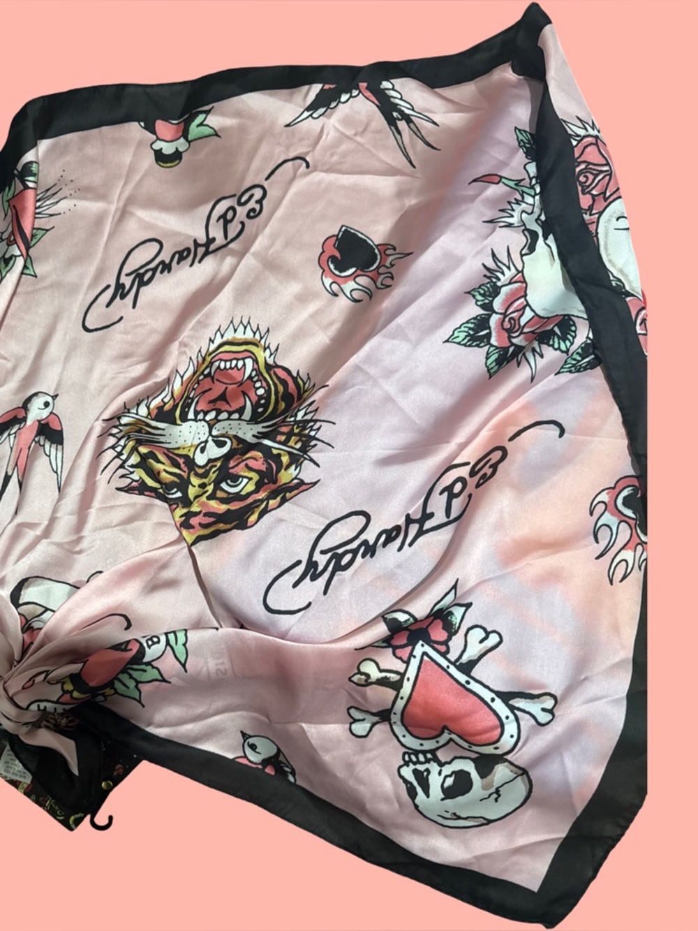 ED HARDY Pink Tattoo-Print Silk Scarf with Black Border